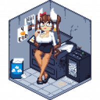 A quick little image of office lady ember, chilling by a printer that's seen better days.